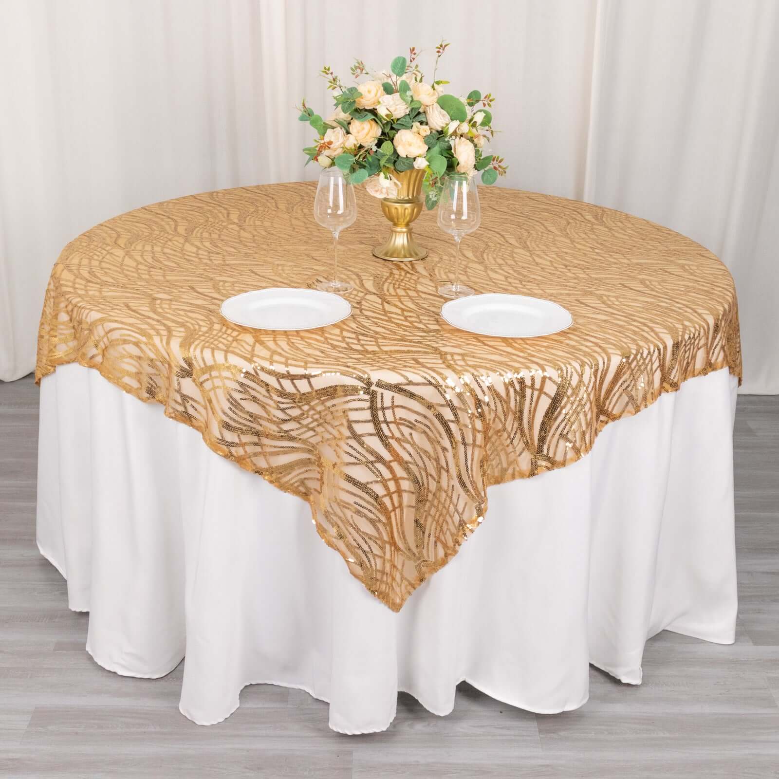 Mesh 72"x72" Table Overlay Square Tablecloth Gold Wave Design with Embroidered Sequins for Stylish Occasions - Bell Racket Store