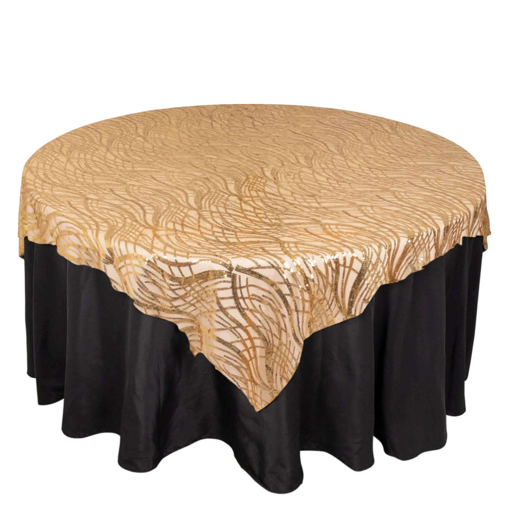 Mesh 72"x72" Table Overlay Square Tablecloth Gold Wave Design with Embroidered Sequins for Stylish Occasions - Bell Racket Store