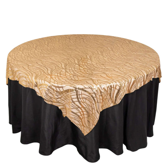 Mesh 72"x72" Table Overlay Square Tablecloth Gold Wave Design with Embroidered Sequins for Stylish Occasions - Bell Racket Store