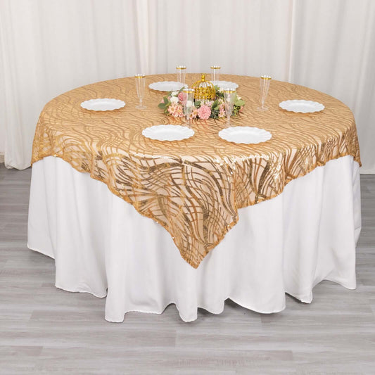 Mesh 72"x72" Table Overlay Square Tablecloth Gold Wave Design with Embroidered Sequins for Stylish Occasions - Bell Racket Store