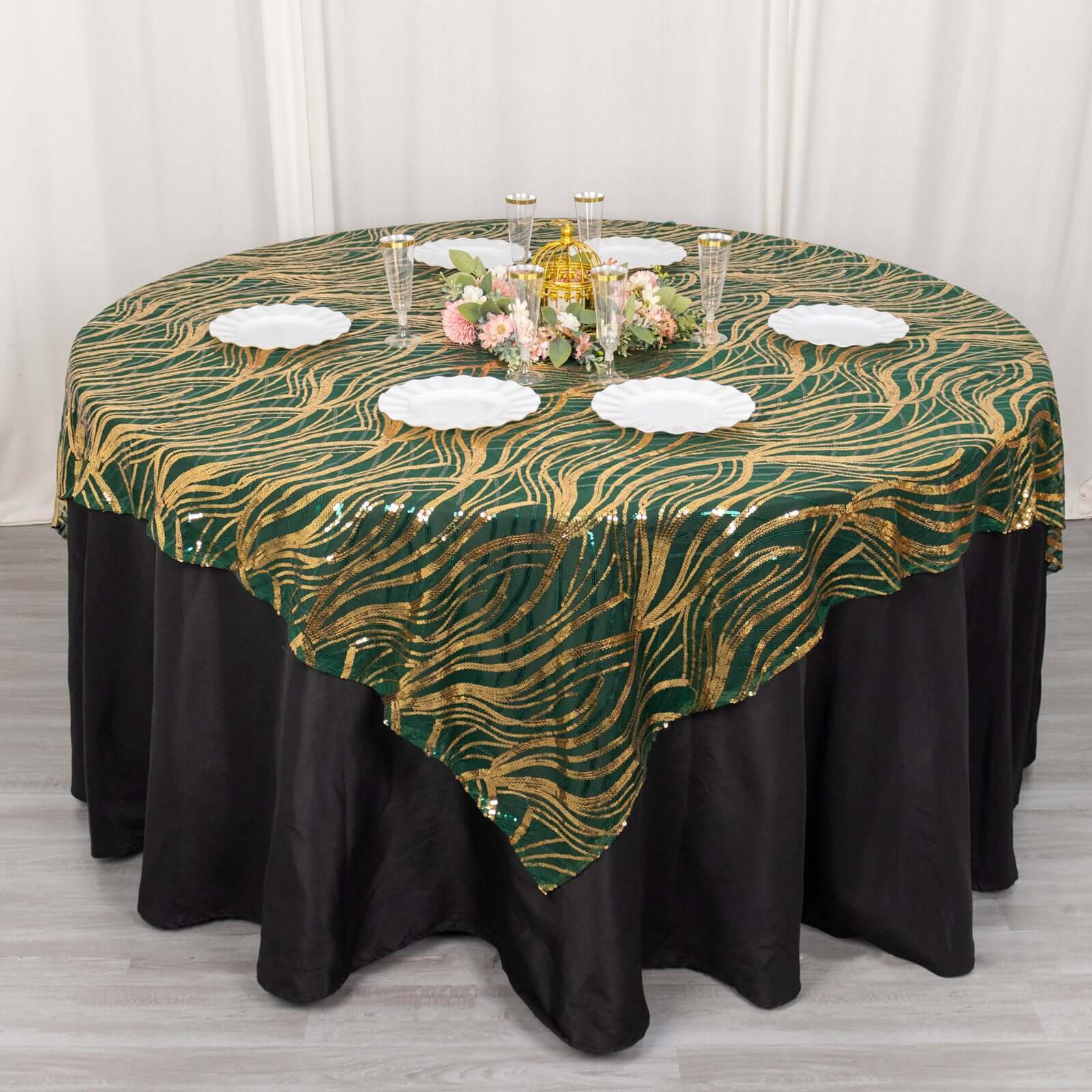 Mesh 72"x72" Table Overlay Square Tablecloth Hunter Emerald Green - Wave Embroidered Sequins Table Topper - Bell Racket Store