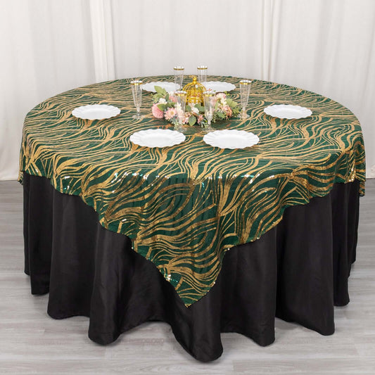 Mesh 72"x72" Table Overlay Square Tablecloth Hunter Emerald Green - Wave Embroidered Sequins Table Topper - Bell Racket Store