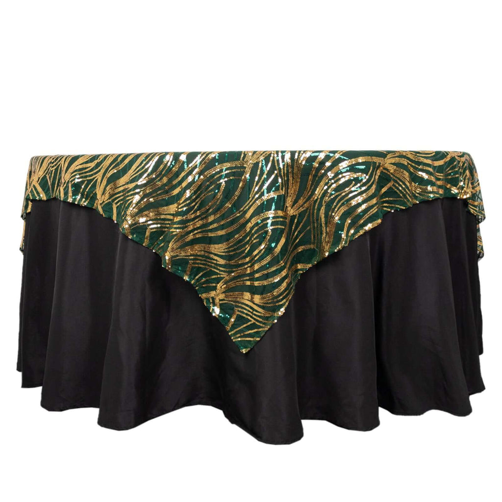 Mesh 72"x72" Table Overlay Square Tablecloth Hunter Emerald Green - Wave Embroidered Sequins Table Topper - Bell Racket Store