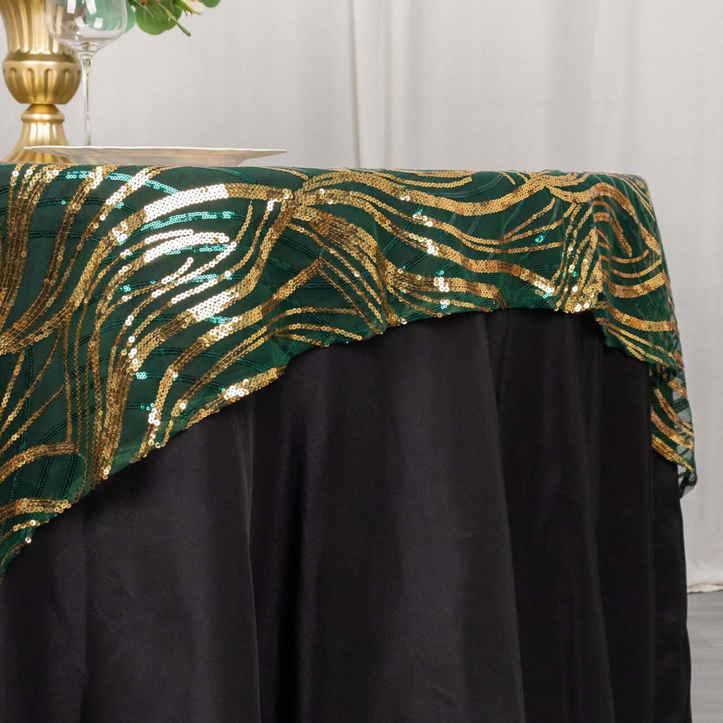 Mesh 72"x72" Table Overlay Square Tablecloth Hunter Emerald Green - Wave Embroidered Sequins Table Topper - Bell Racket Store