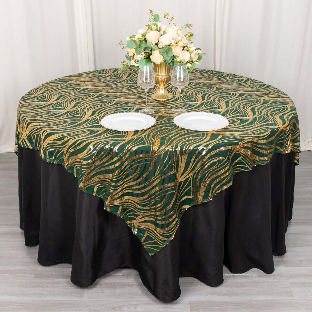 Mesh 72"x72" Table Overlay Square Tablecloth Hunter Emerald Green - Wave Embroidered Sequins Table Topper - Bell Racket Store
