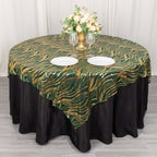 Mesh 72"x72" Table Overlay Square Tablecloth Hunter Emerald Green - Wave Embroidered Sequins Table Topper - Bell Racket Store