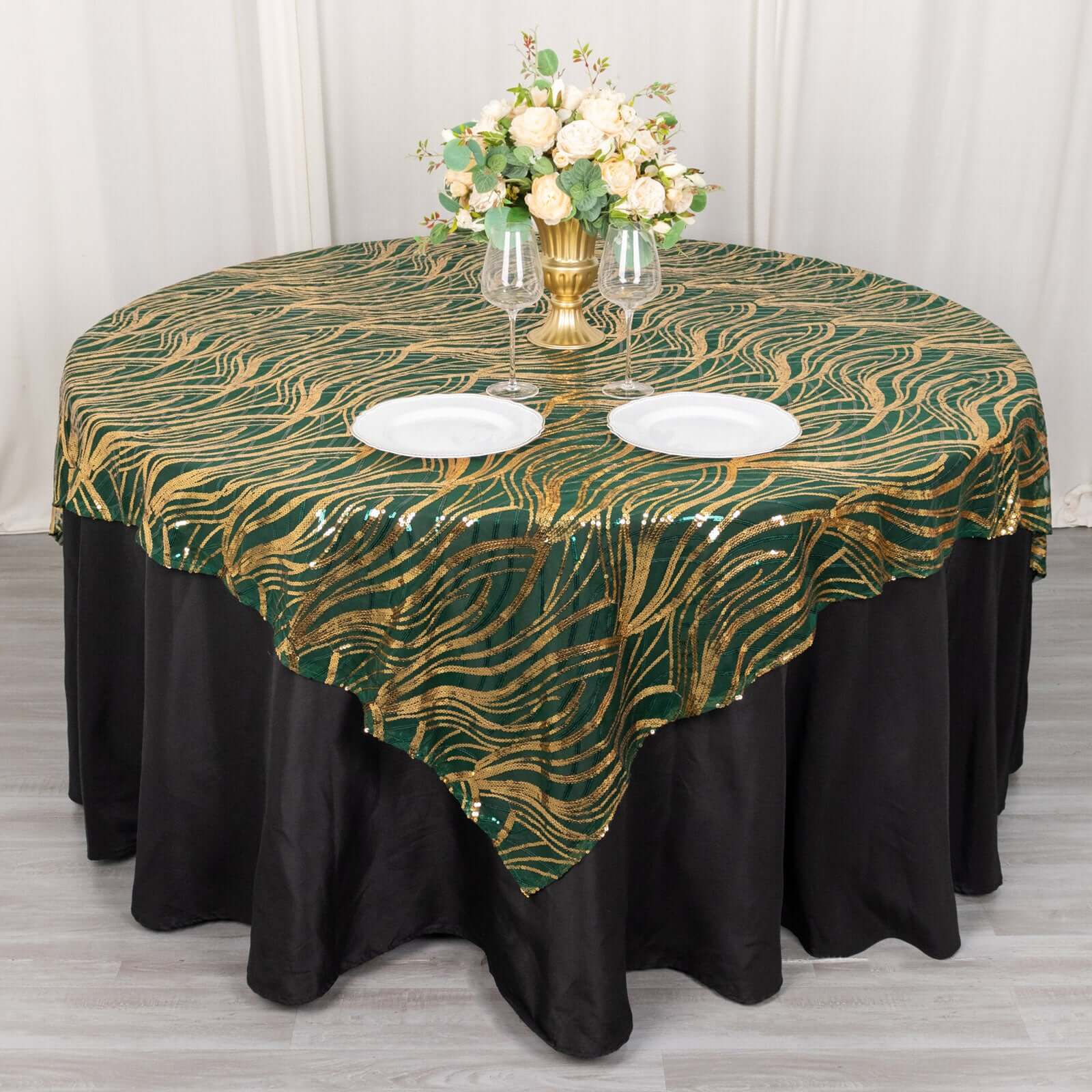 Mesh 72"x72" Table Overlay Square Tablecloth Hunter Emerald Green - Wave Embroidered Sequins Table Topper - Bell Racket Store