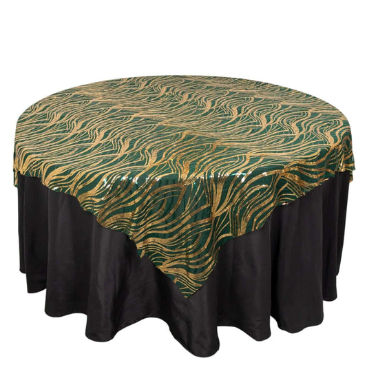 Mesh 72"x72" Table Overlay Square Tablecloth Hunter Emerald Green - Wave Embroidered Sequins Table Topper - Bell Racket Store