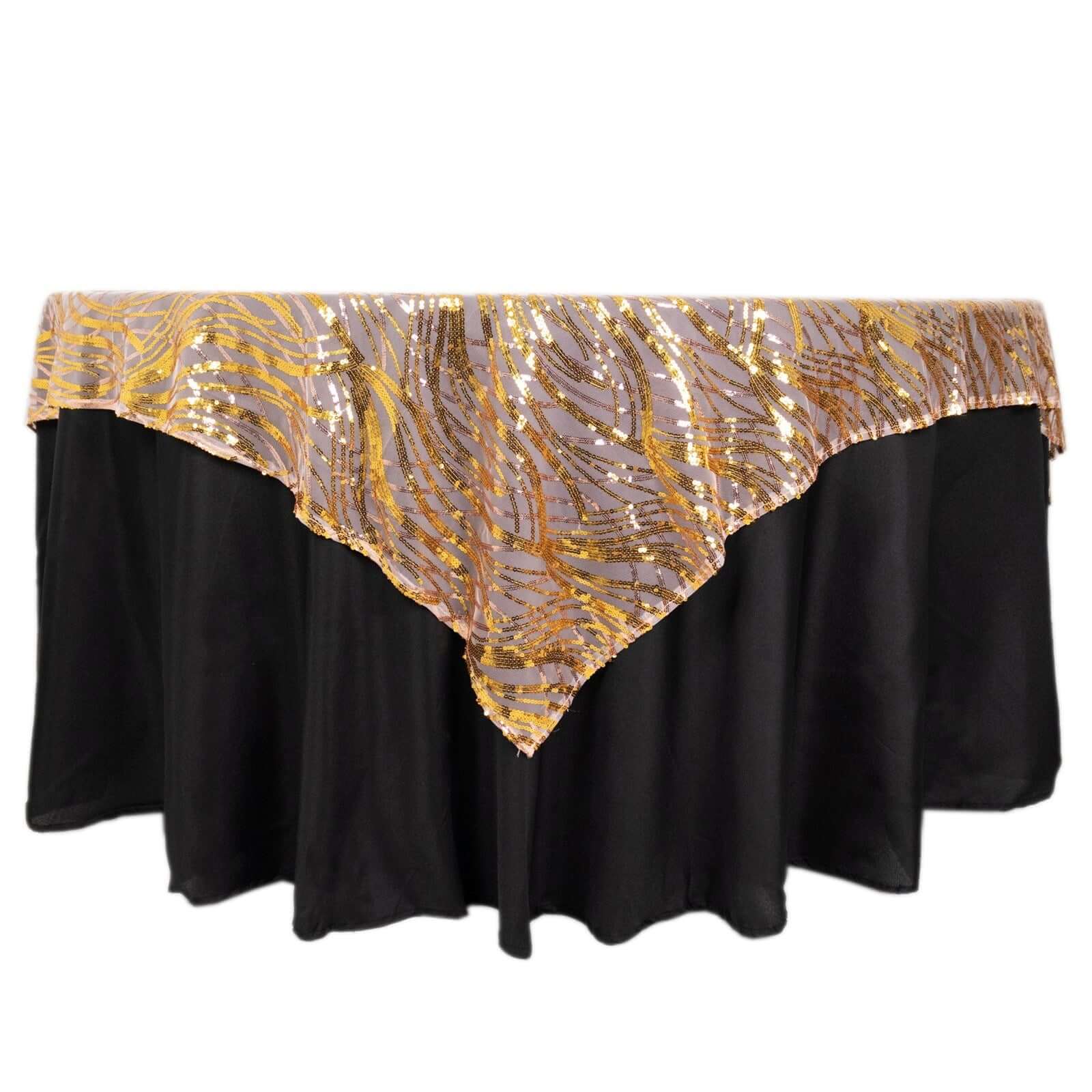Mesh 72"x72" Table Overlay Square Tablecloth Rose Gold/Gold - Wave Embroidered Sequins Table Topper - Bell Racket Store