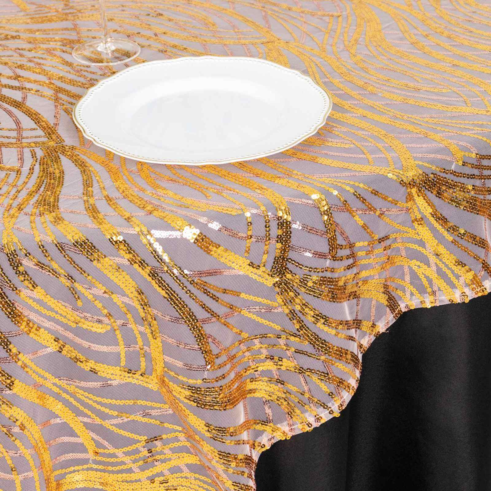 Mesh 72"x72" Table Overlay Square Tablecloth Rose Gold/Gold - Wave Embroidered Sequins Table Topper - Bell Racket Store