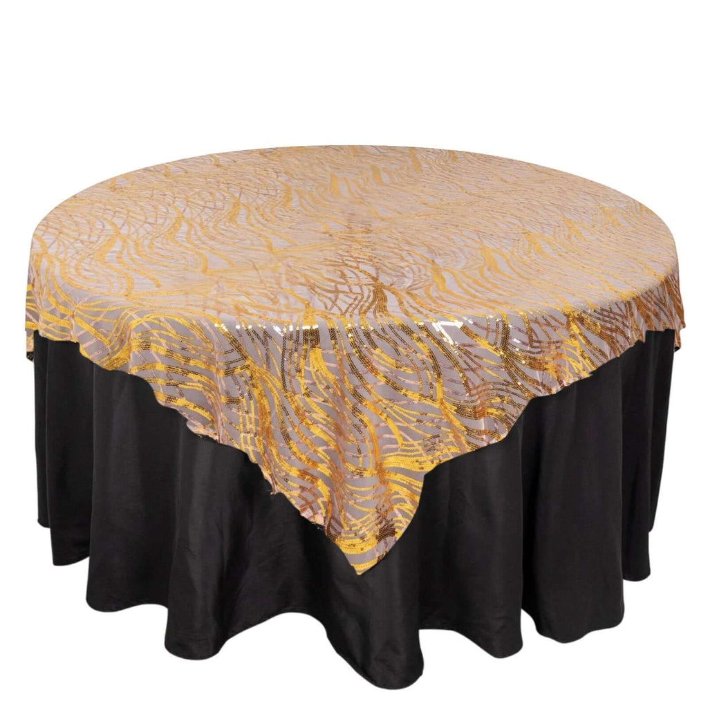Mesh 72"x72" Table Overlay Square Tablecloth Rose Gold/Gold - Wave Embroidered Sequins Table Topper - Bell Racket Store