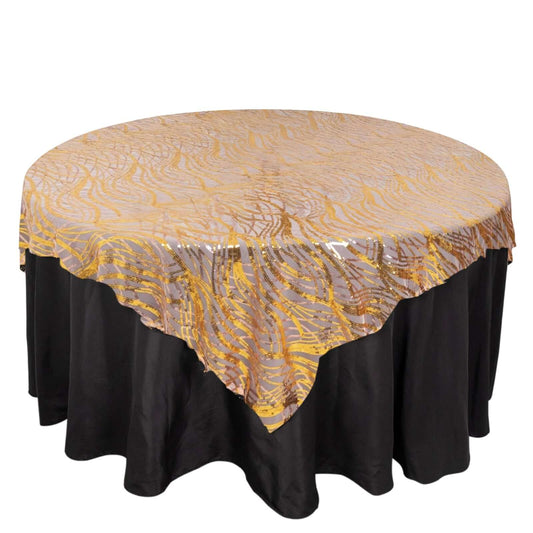 Mesh 72"x72" Table Overlay Square Tablecloth Rose Gold/Gold - Wave Embroidered Sequins Table Topper - Bell Racket Store