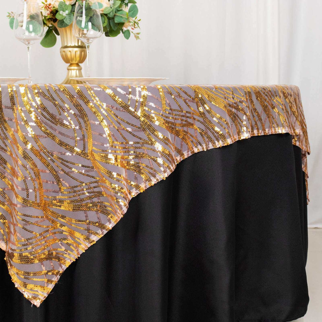 Mesh 72"x72" Table Overlay Square Tablecloth Rose Gold/Gold - Wave Embroidered Sequins Table Topper - Bell Racket Store