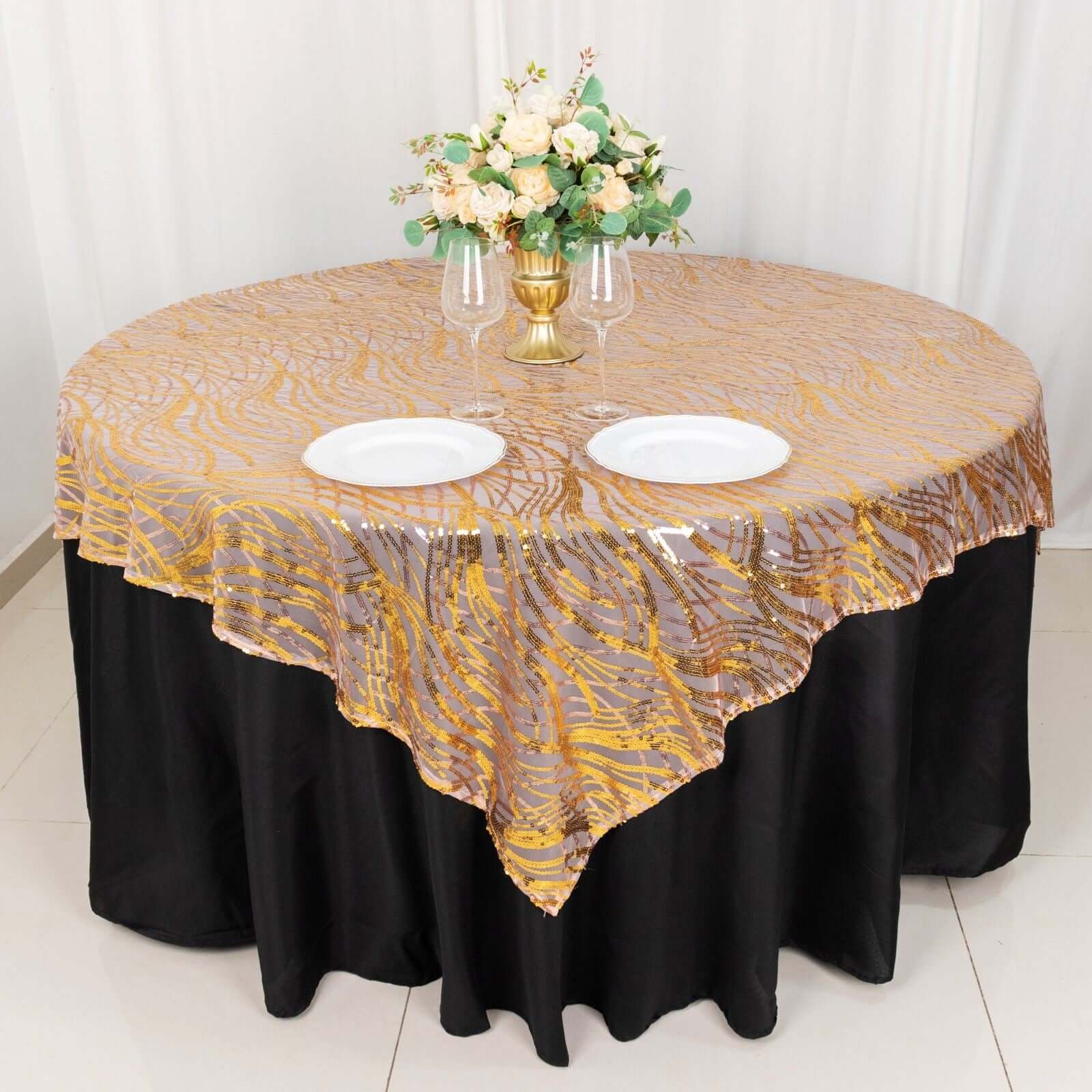 Mesh 72"x72" Table Overlay Square Tablecloth Rose Gold/Gold - Wave Embroidered Sequins Table Topper - Bell Racket Store