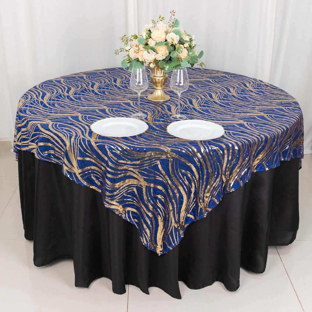 Mesh 72"x72" Table Overlay Square Tablecloth Royal Blue - Wave Embroidered Sequins Table Topper - Bell Racket Store