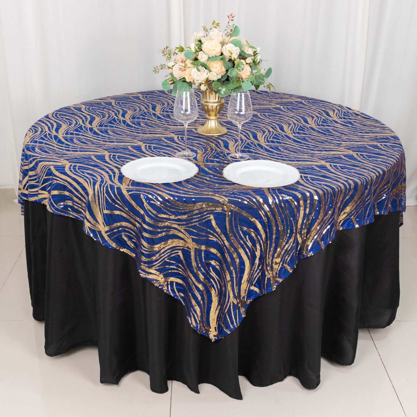 Mesh 72"x72" Table Overlay Square Tablecloth Royal Blue - Wave Embroidered Sequins Table Topper - Bell Racket Store