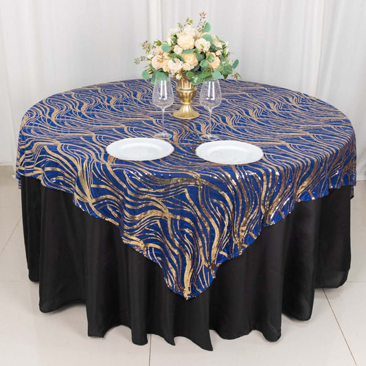 Mesh 72"x72" Table Overlay Square Tablecloth Royal Blue - Wave Embroidered Sequins Table Topper - Bell Racket Store