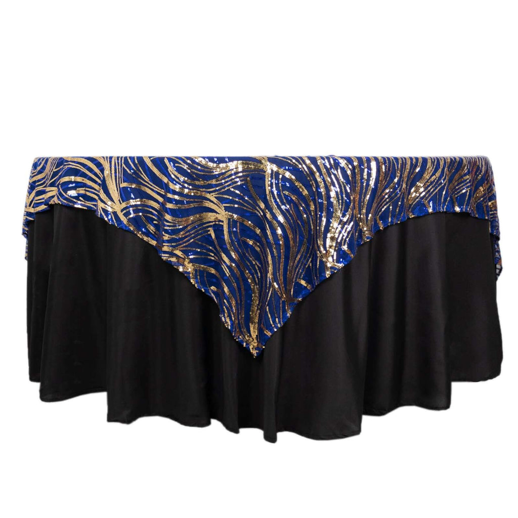 Mesh 72"x72" Table Overlay Square Tablecloth Royal Blue - Wave Embroidered Sequins Table Topper - Bell Racket Store