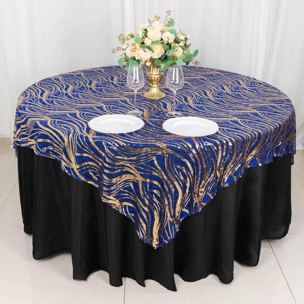 Mesh 72"x72" Table Overlay Square Tablecloth Royal Blue - Wave Embroidered Sequins Table Topper - Bell Racket Store