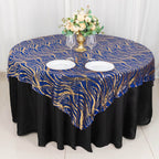 Mesh 72"x72" Table Overlay Square Tablecloth Royal Blue - Wave Embroidered Sequins Table Topper - Bell Racket Store
