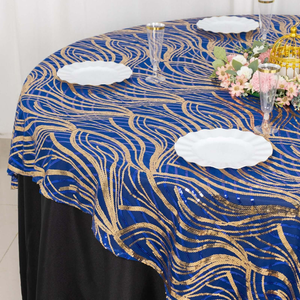 Mesh 72"x72" Table Overlay Square Tablecloth Royal Blue - Wave Embroidered Sequins Table Topper - Bell Racket Store