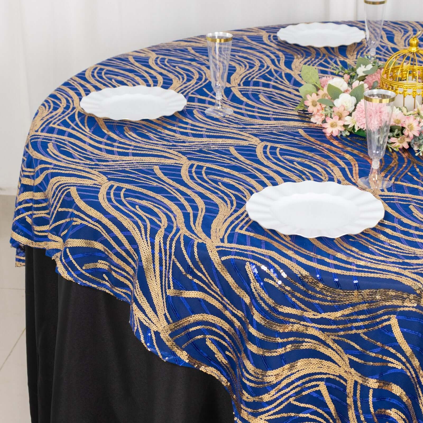 Mesh 72"x72" Table Overlay Square Tablecloth Royal Blue - Wave Embroidered Sequins Table Topper - Bell Racket Store