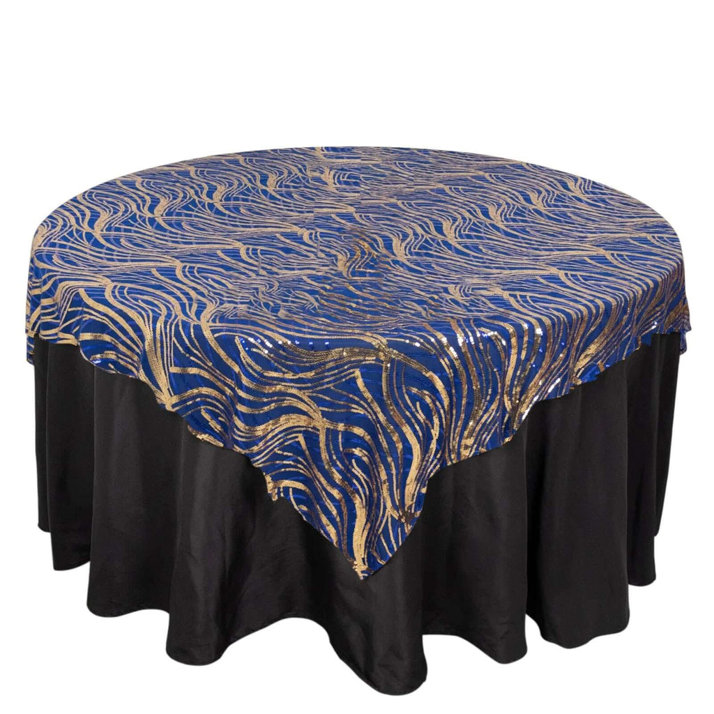 Mesh 72"x72" Table Overlay Square Tablecloth Royal Blue - Wave Embroidered Sequins Table Topper - Bell Racket Store