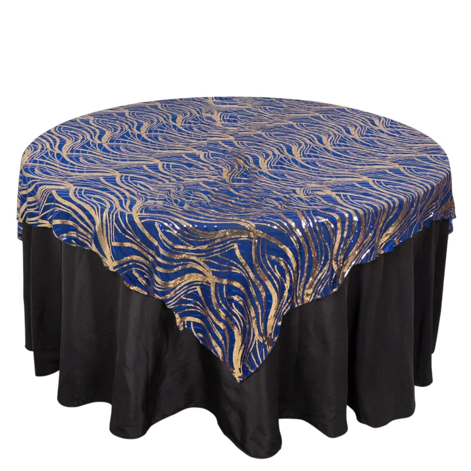 Mesh 72"x72" Table Overlay Square Tablecloth Royal Blue - Wave Embroidered Sequins Table Topper - Bell Racket Store