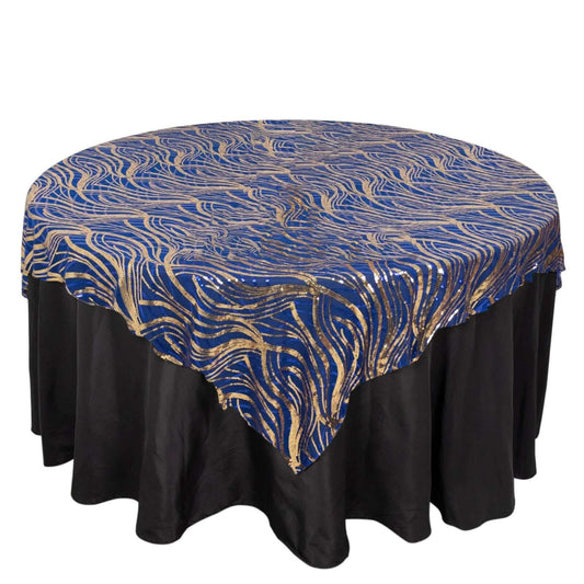 Mesh 72"x72" Table Overlay Square Tablecloth Royal Blue - Wave Embroidered Sequins Table Topper - Bell Racket Store