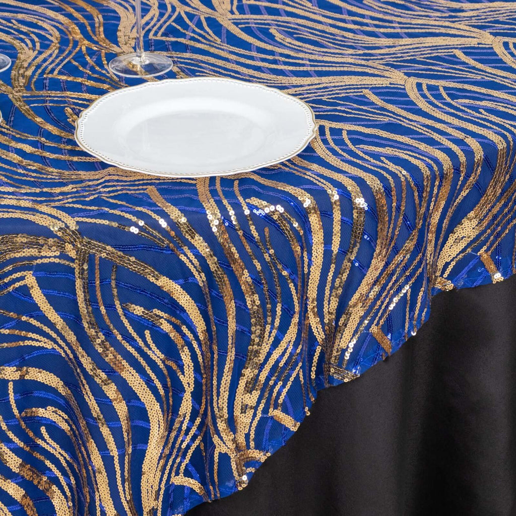 Mesh 72"x72" Table Overlay Square Tablecloth Royal Blue - Wave Embroidered Sequins Table Topper - Bell Racket Store