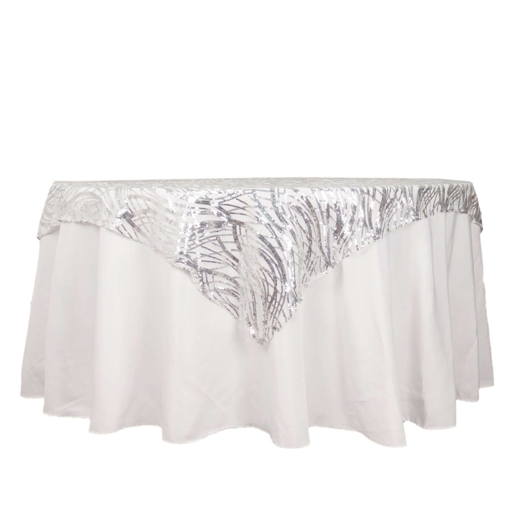 Mesh 72"x72" Table Overlay Square Tablecloth Silver - Wave Embroidered Sequins Table Topper - Bell Racket Store