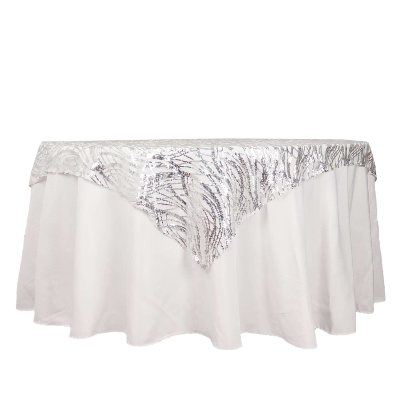 Mesh 72"x72" Table Overlay Square Tablecloth Silver - Wave Embroidered Sequins Table Topper - Bell Racket Store