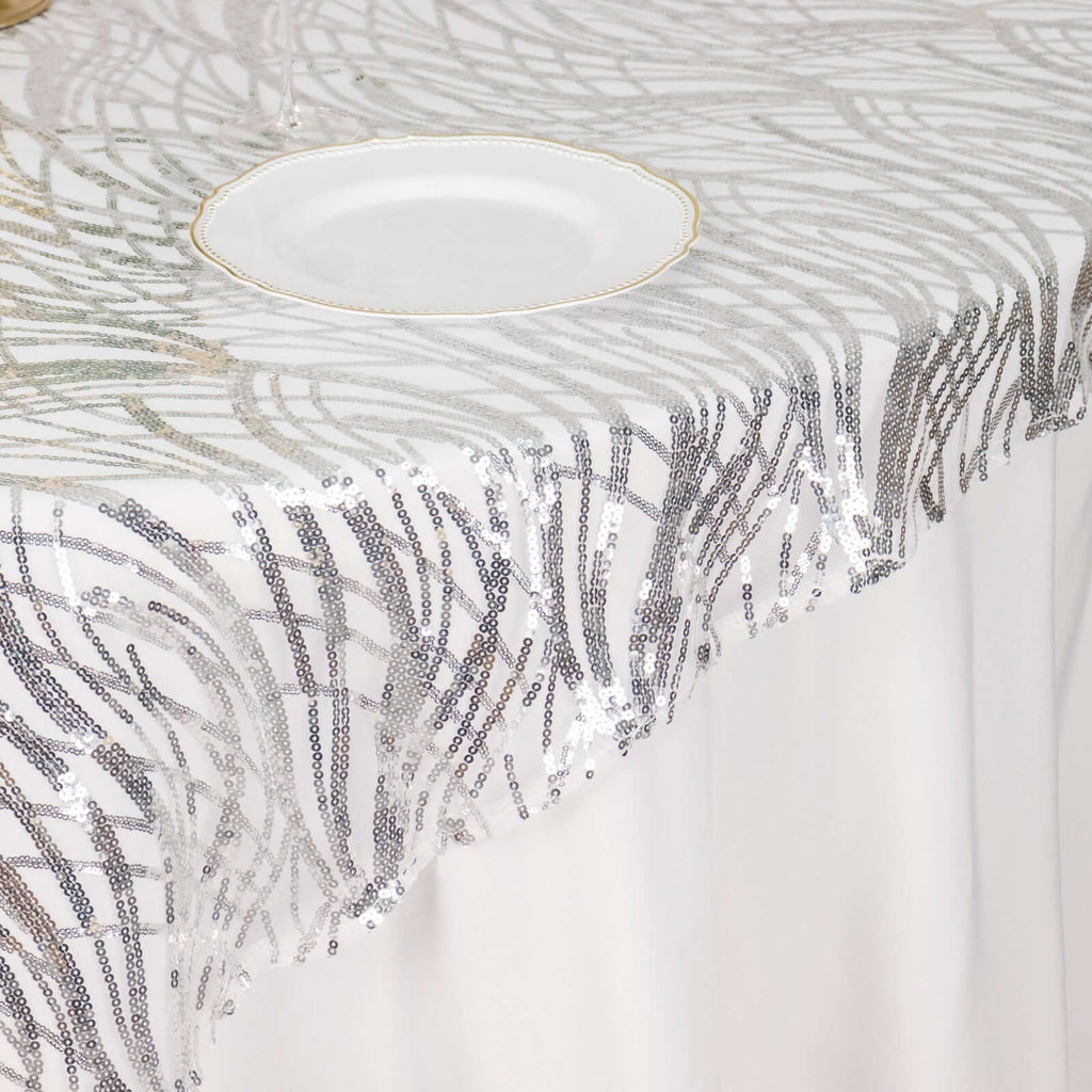 Mesh 72"x72" Table Overlay Square Tablecloth Silver - Wave Embroidered Sequins Table Topper - Bell Racket Store