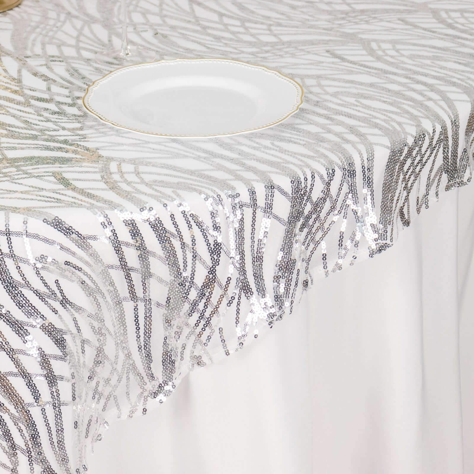 Mesh 72"x72" Table Overlay Square Tablecloth Silver - Wave Embroidered Sequins Table Topper - Bell Racket Store