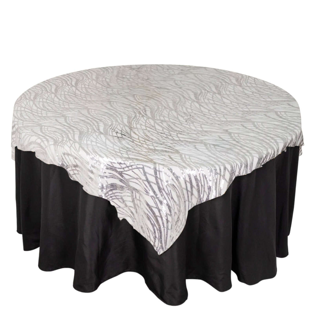 Mesh 72"x72" Table Overlay Square Tablecloth Silver - Wave Embroidered Sequins Table Topper - Bell Racket Store