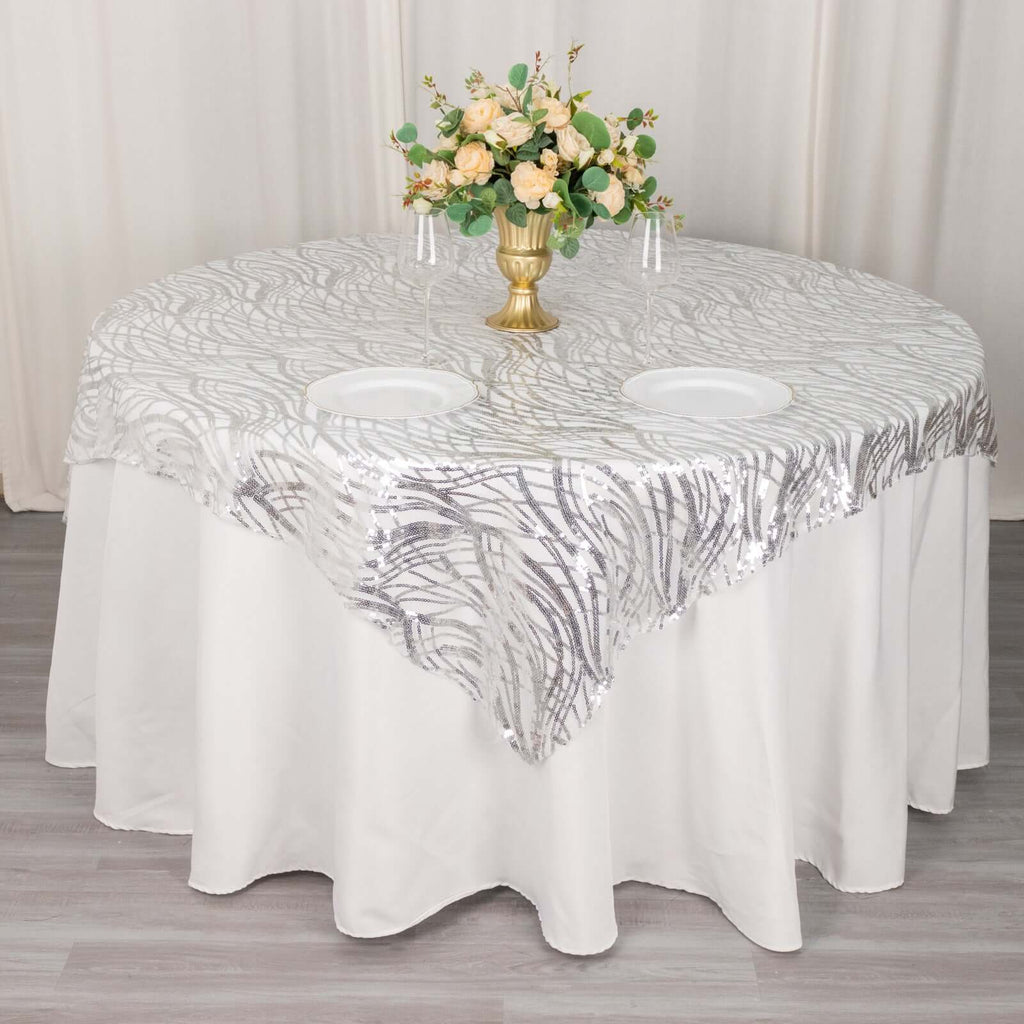 Mesh 72"x72" Table Overlay Square Tablecloth Silver - Wave Embroidered Sequins Table Topper - Bell Racket Store