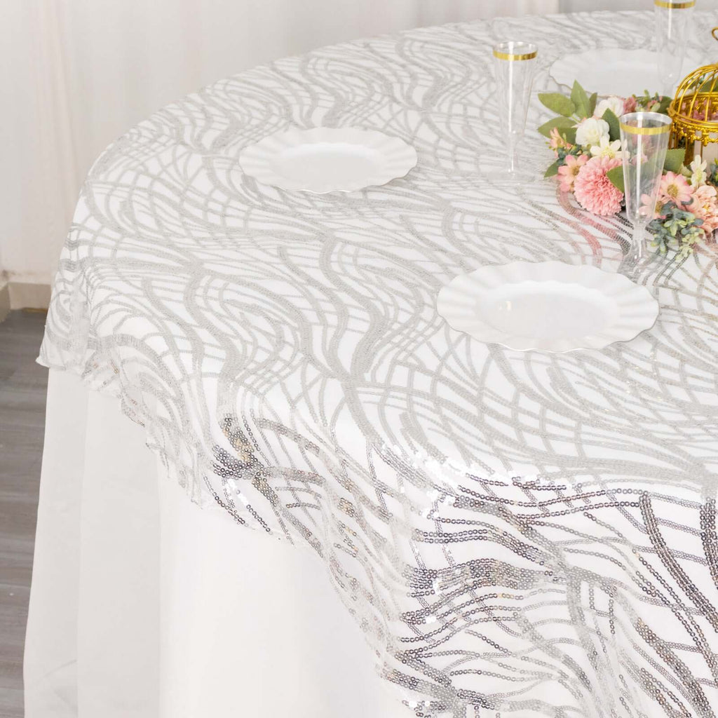 Mesh 72"x72" Table Overlay Square Tablecloth Silver - Wave Embroidered Sequins Table Topper - Bell Racket Store
