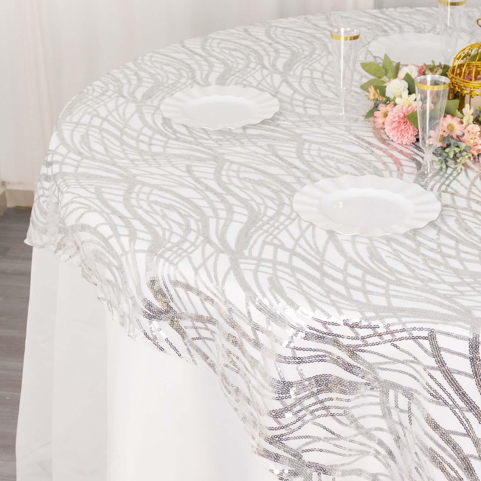 Mesh 72"x72" Table Overlay Square Tablecloth Silver - Wave Embroidered Sequins Table Topper - Bell Racket Store