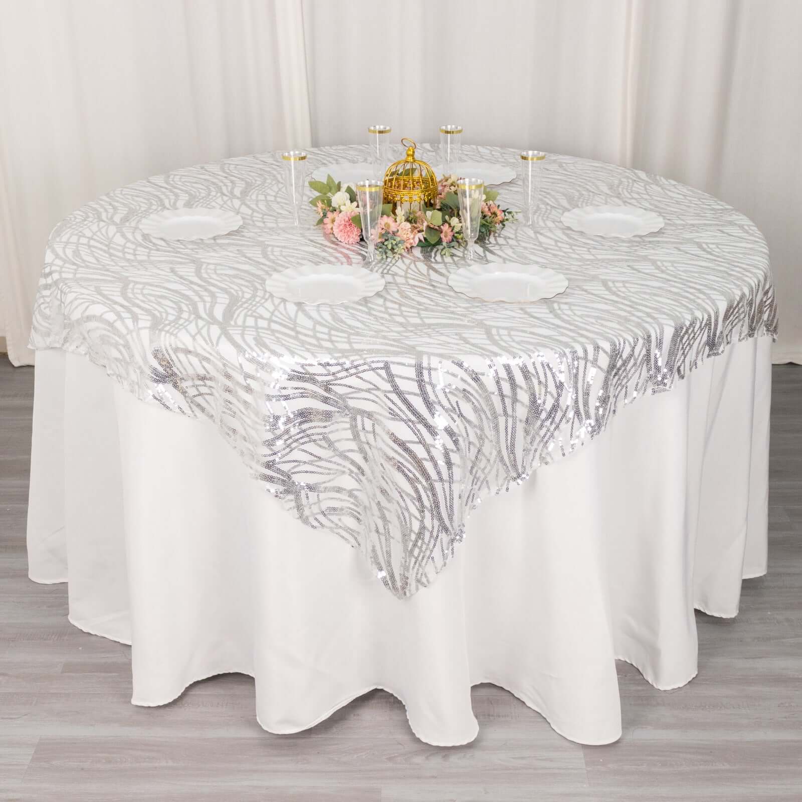 Mesh 72"x72" Table Overlay Square Tablecloth Silver - Wave Embroidered Sequins Table Topper - Bell Racket Store