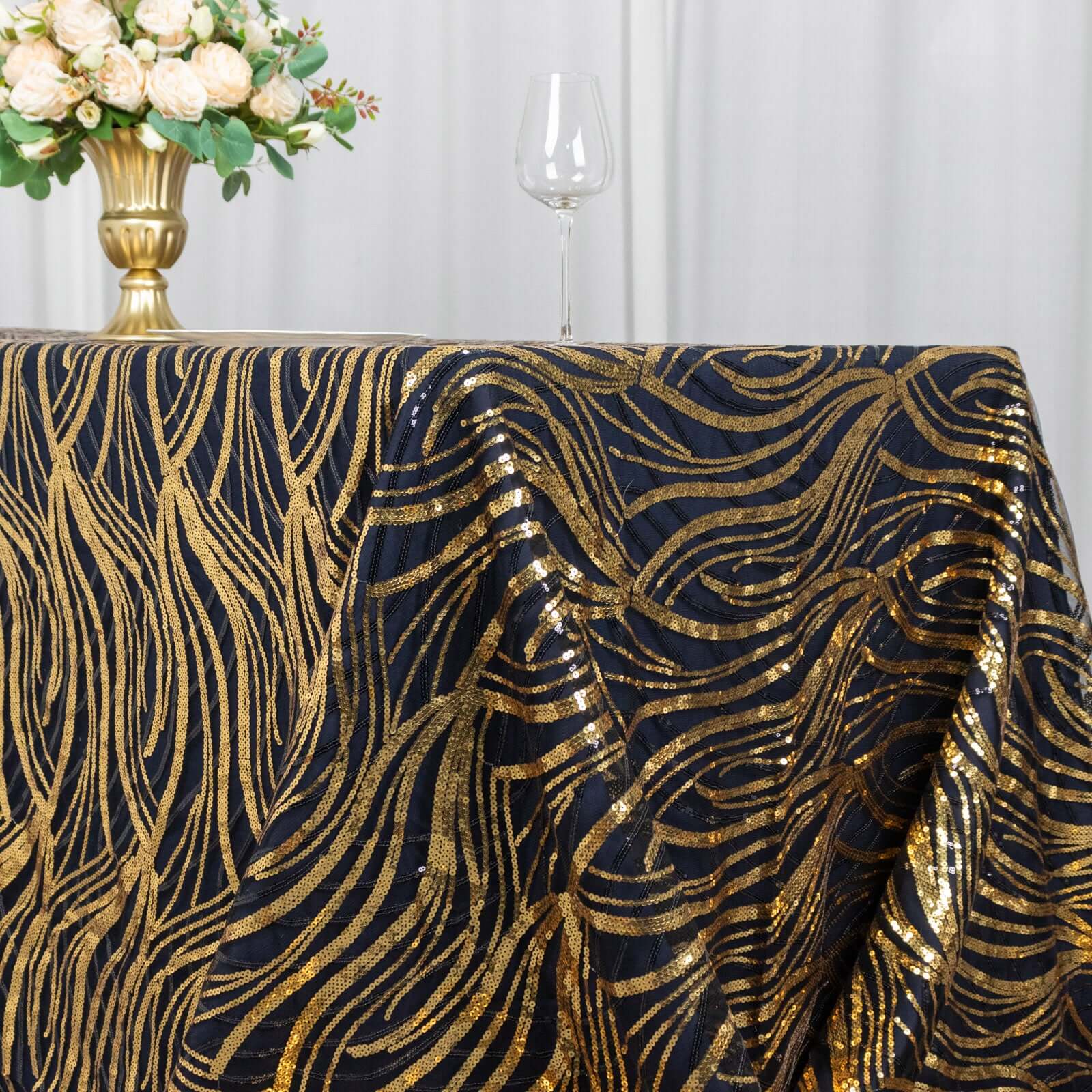 Mesh 90"x156" Rectangle Tablecloth Black/Gold - Wave Sequin Embroidered Table Cover - Bell Racket Store