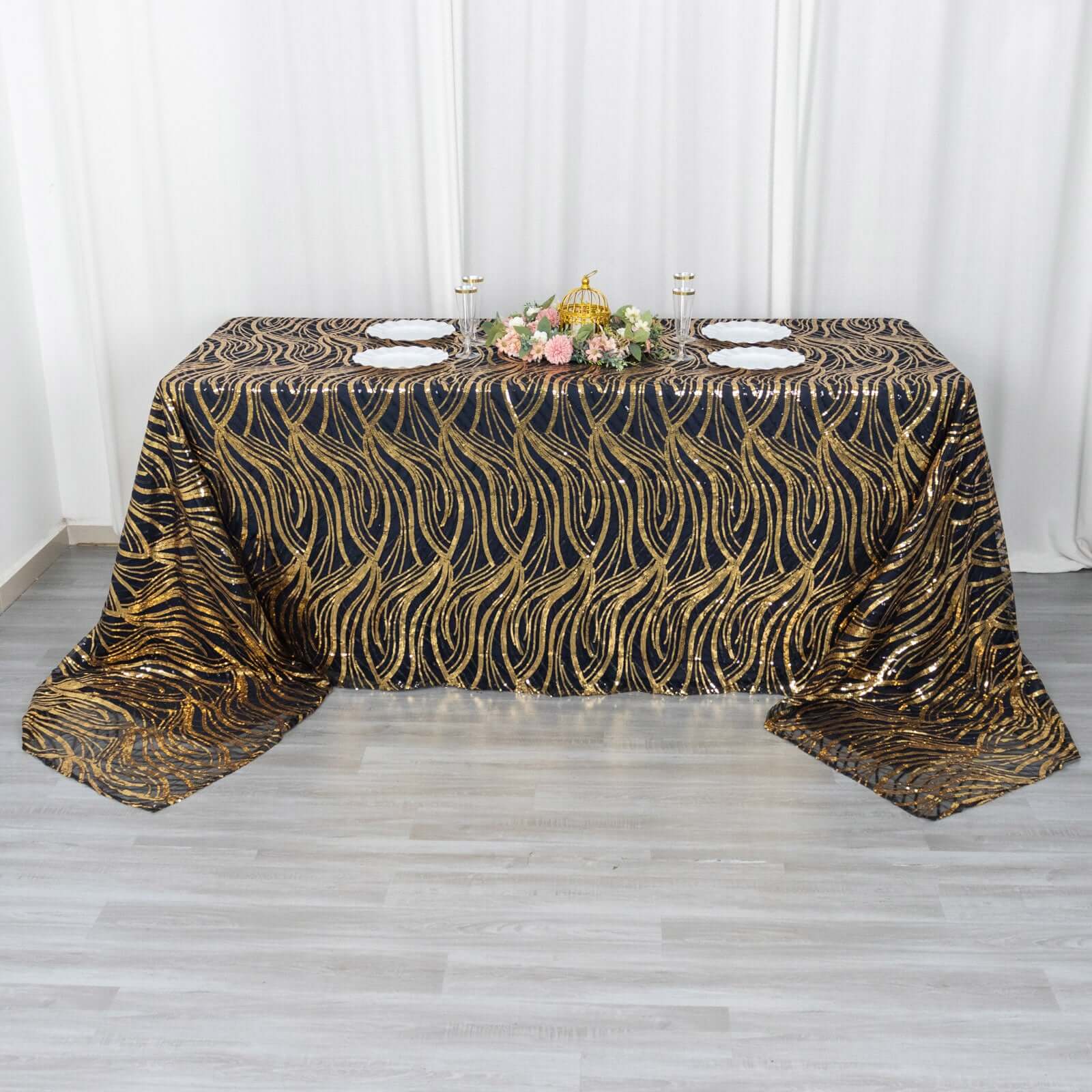 Mesh 90"x156" Rectangle Tablecloth Black/Gold - Wave Sequin Embroidered Table Cover - Bell Racket Store