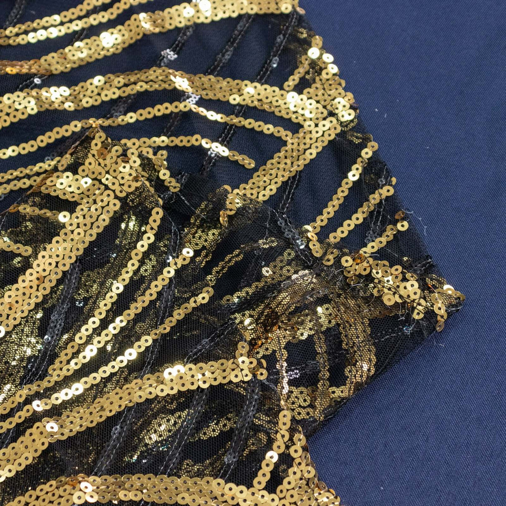 Mesh 90"x156" Rectangle Tablecloth Black/Gold - Wave Sequin Embroidered Table Cover - Bell Racket Store