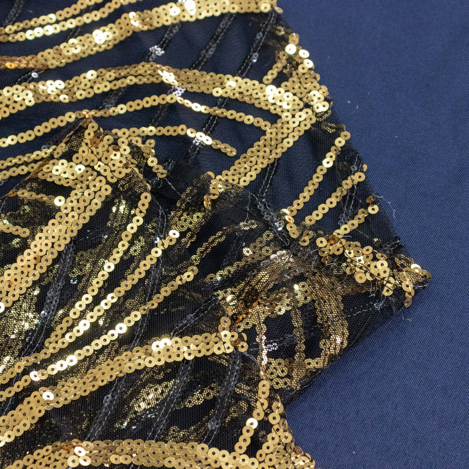 Mesh 90"x156" Rectangle Tablecloth Black/Gold - Wave Sequin Embroidered Table Cover - Bell Racket Store