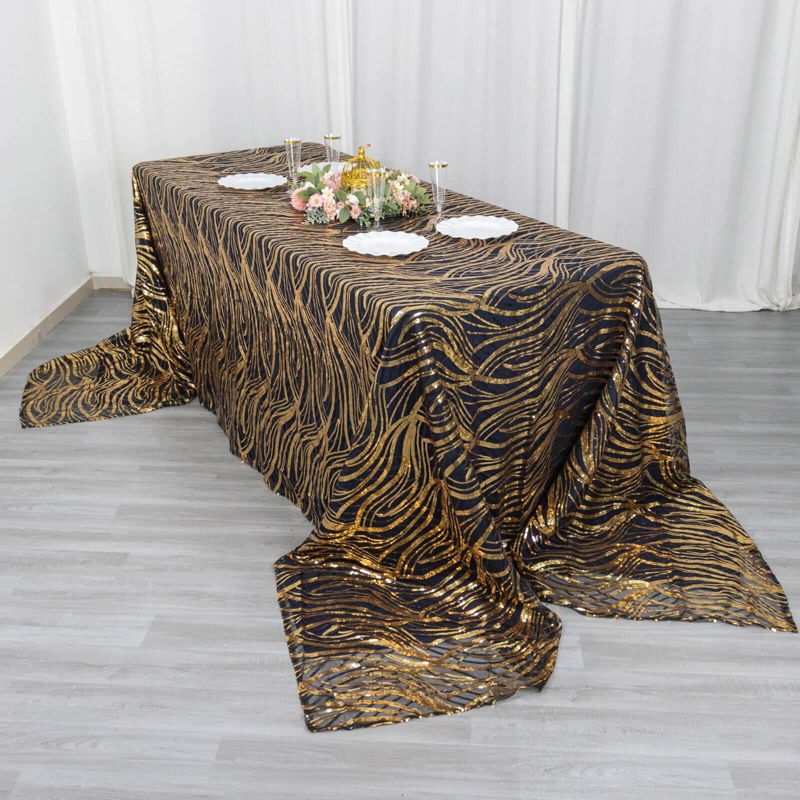 Mesh 90"x156" Rectangle Tablecloth Black/Gold - Wave Sequin Embroidered Table Cover - Bell Racket Store