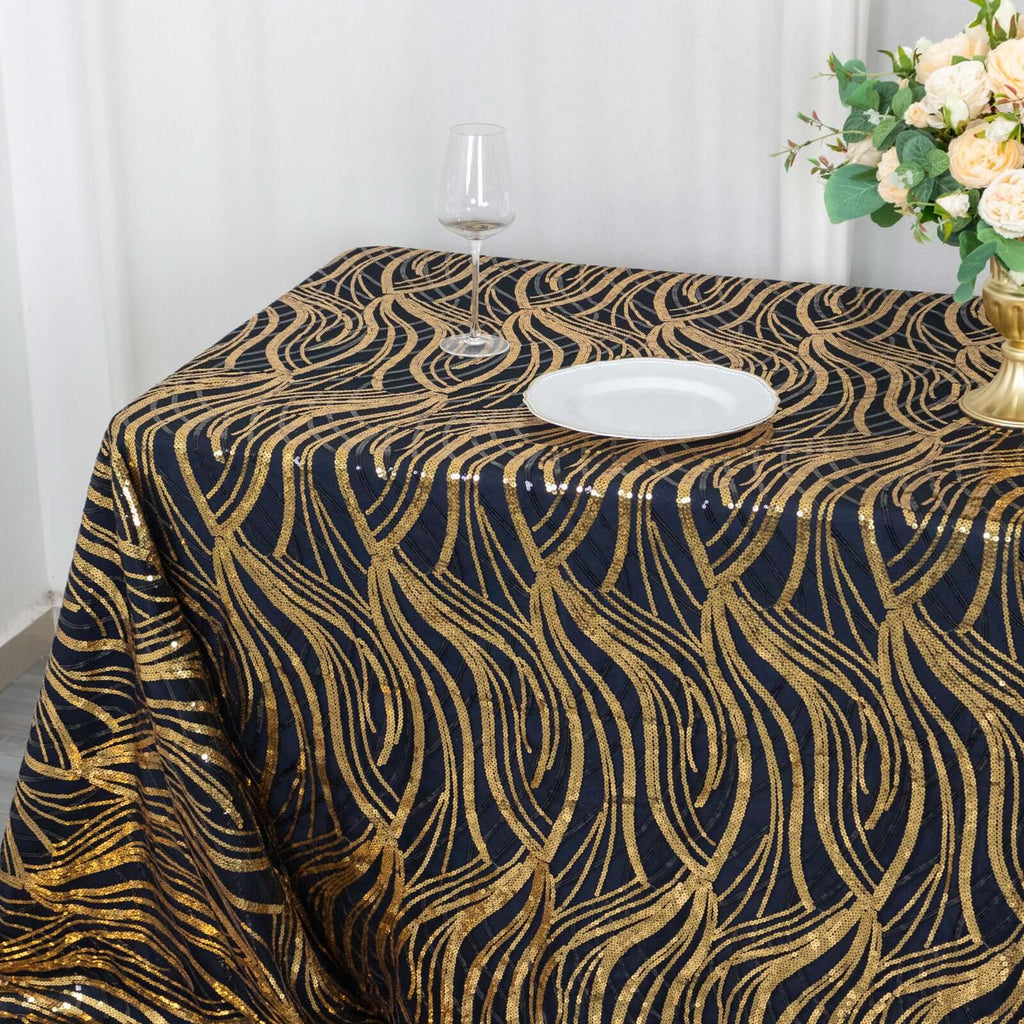 Mesh 90"x156" Rectangle Tablecloth Black/Gold - Wave Sequin Embroidered Table Cover - Bell Racket Store