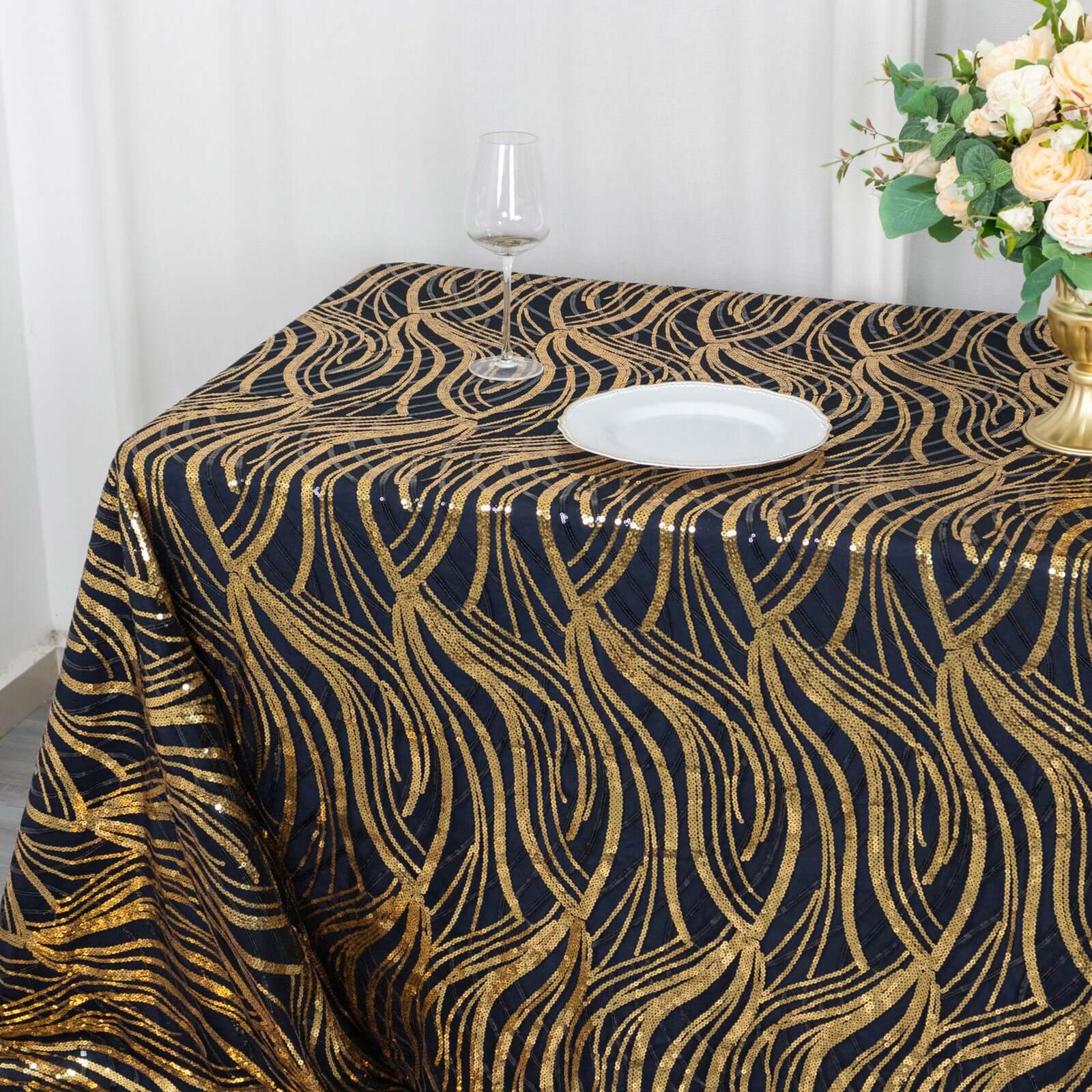Mesh 90"x156" Rectangle Tablecloth Black/Gold - Wave Sequin Embroidered Table Cover - Bell Racket Store