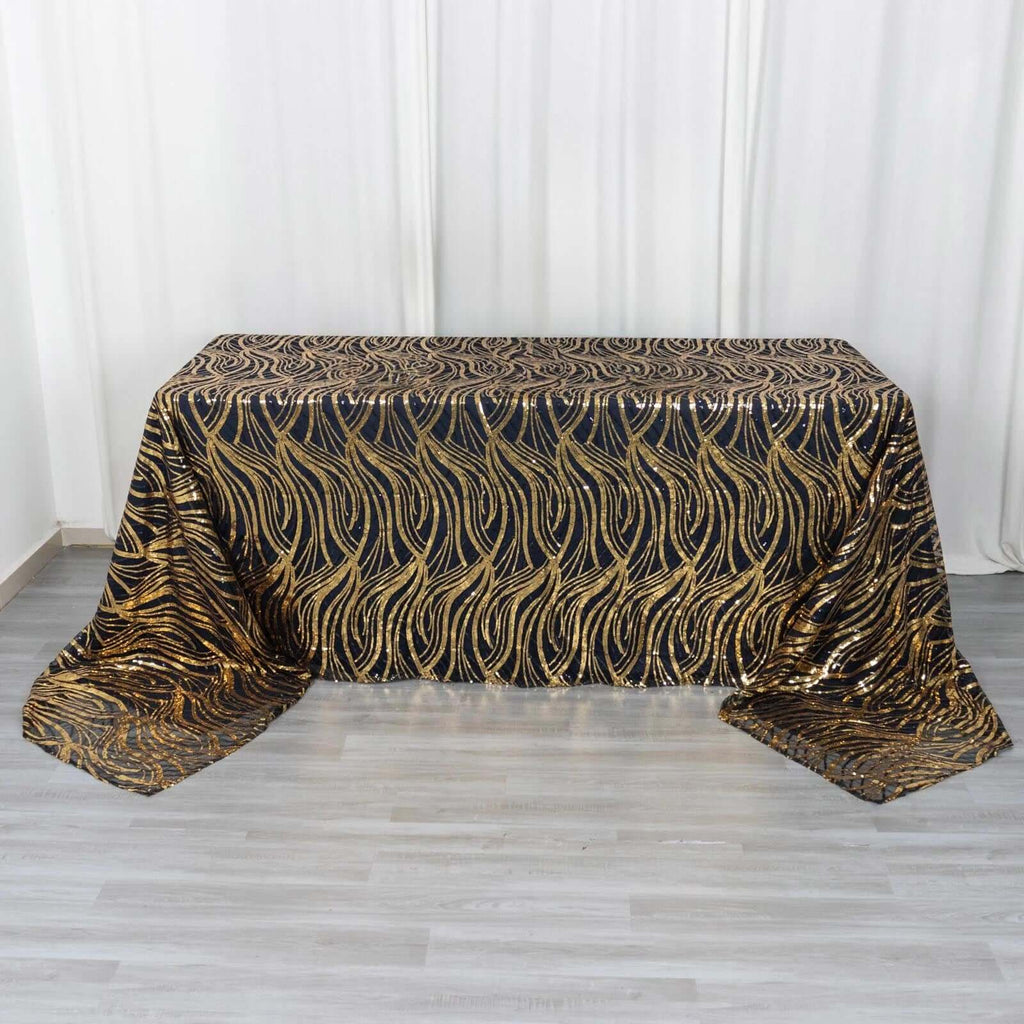 Mesh 90"x156" Rectangle Tablecloth Black/Gold - Wave Sequin Embroidered Table Cover - Bell Racket Store