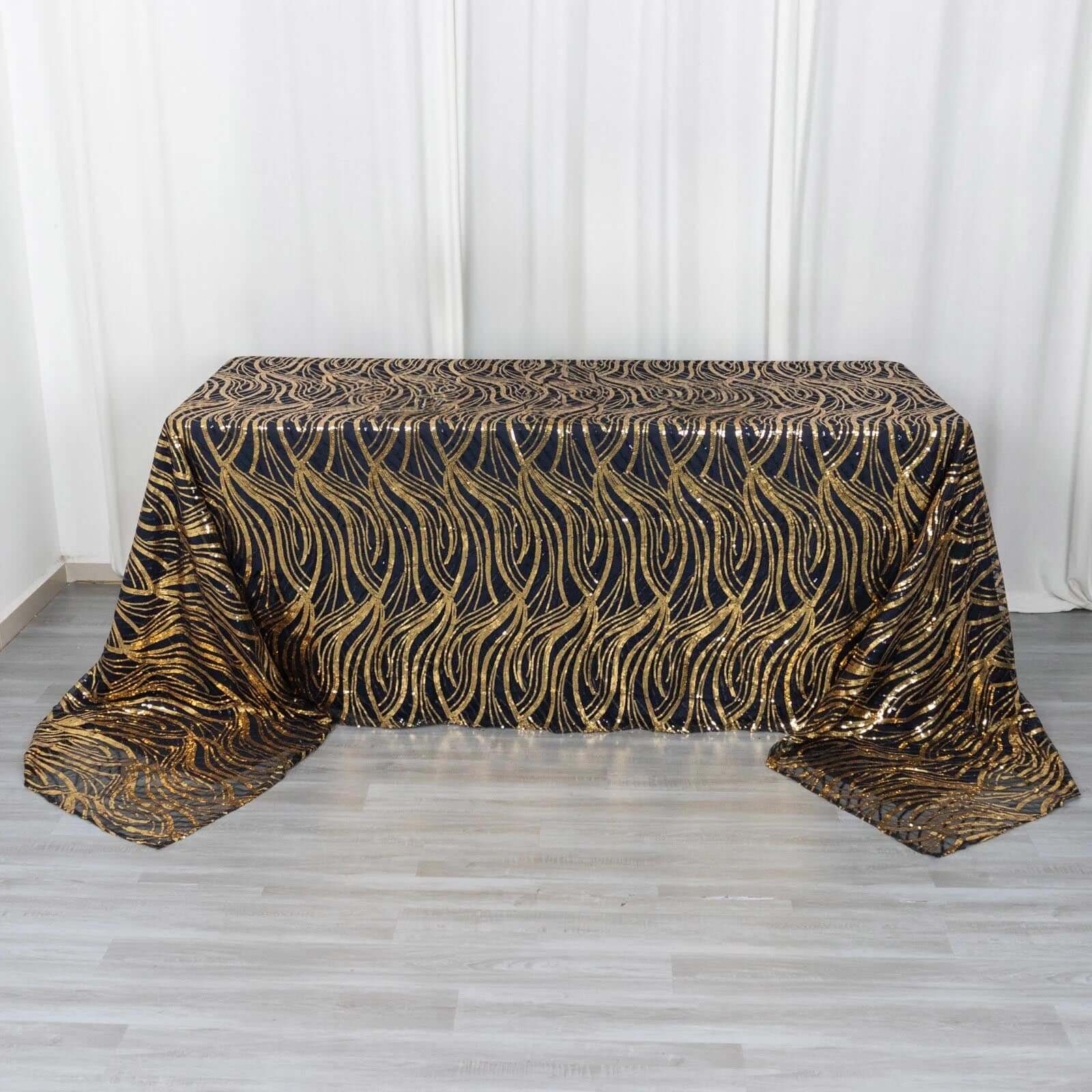 Mesh 90"x156" Rectangle Tablecloth Black/Gold - Wave Sequin Embroidered Table Cover - Bell Racket Store