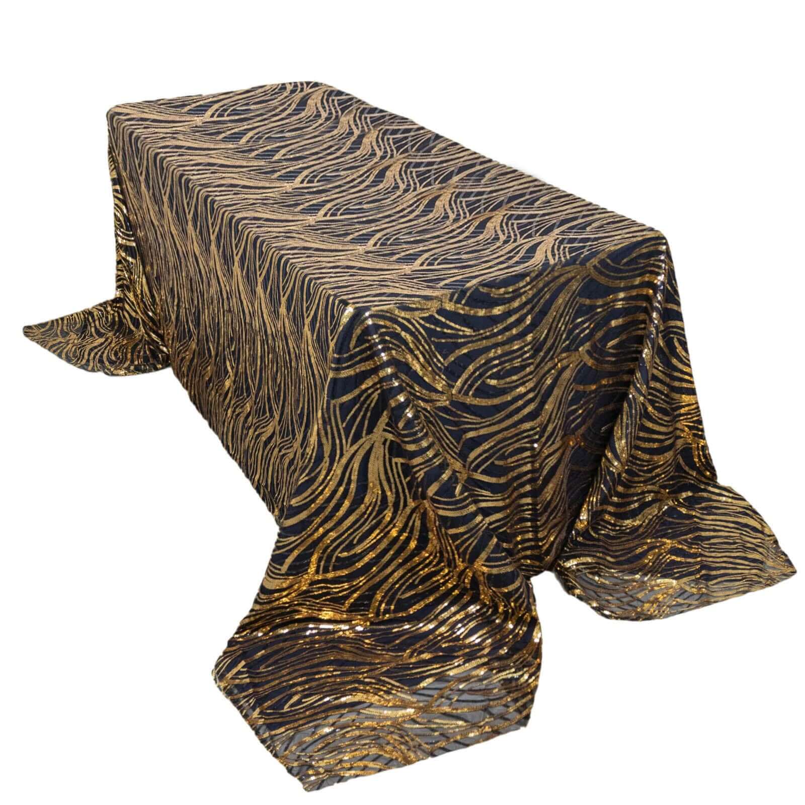 Mesh 90"x156" Rectangle Tablecloth Black/Gold - Wave Sequin Embroidered Table Cover - Bell Racket Store