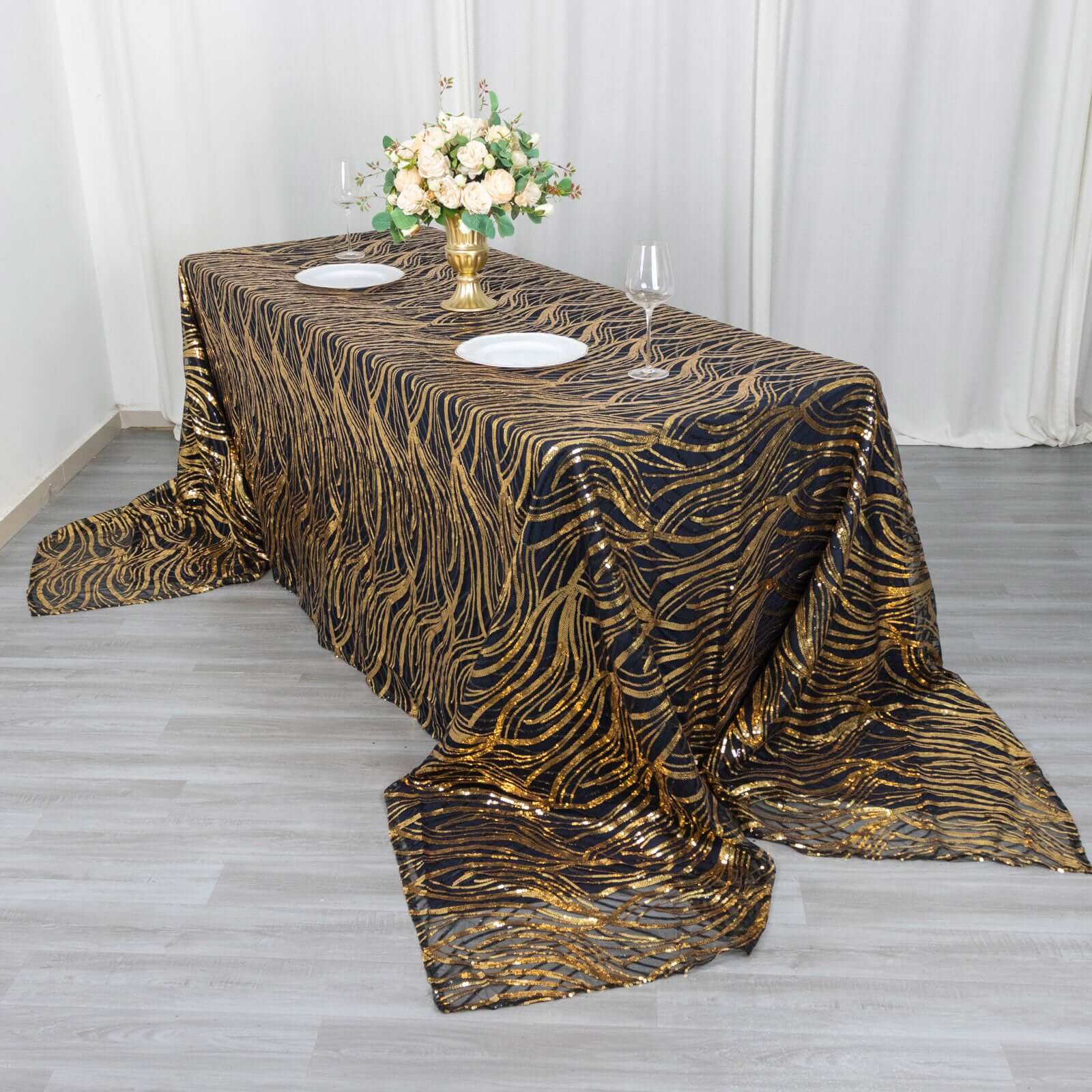 Mesh 90"x156" Rectangle Tablecloth Black/Gold - Wave Sequin Embroidered Table Cover - Bell Racket Store